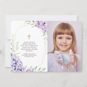 Lilac Floral Geometric Photo Communion Thank You Card
