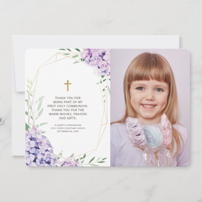 Lilac Floral Geometric Photo Communion Thank You Card (Front)