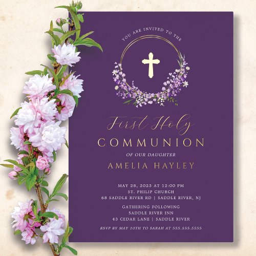 Lilac Floral Girls First Communion Foil Invitation
