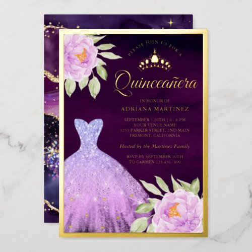 Lilac Floral Gown Purple Quinceanera Gold Foil Invitation