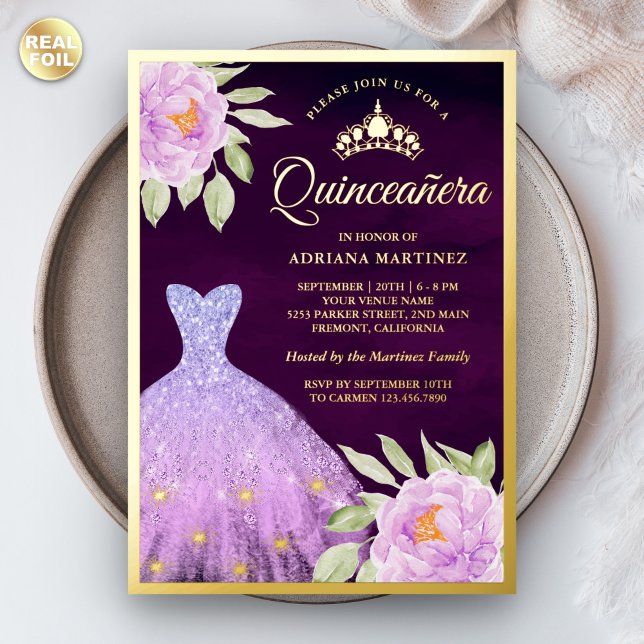 Lilac Floral Gown Purple Quinceanera Gold Foil Invitation (Creator Uploaded)