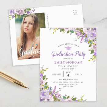 Lilac Floral Graduation Party Invitation Postcard by rileyandzoe at Zazzle