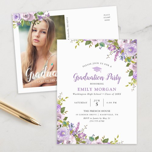 Lilac Floral Graduation Party Invitation Postcard