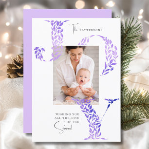 Lilac Floral JOY Christmas Family Photo  Holiday Card