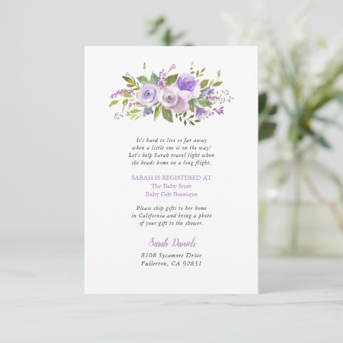 Lilac Floral Long Distance Baby Shower Insert Card