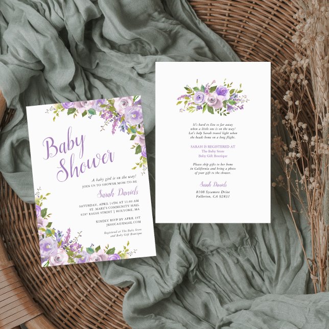 Lilac Floral Long Distance Baby Shower Invitation
