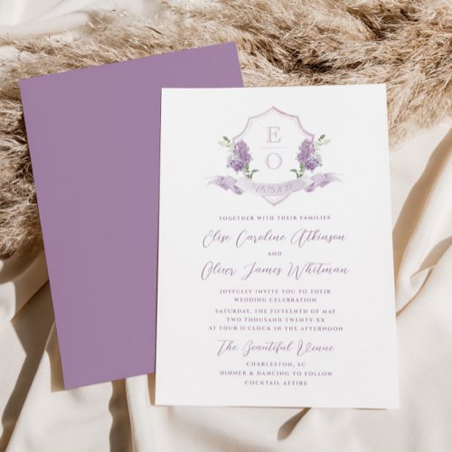 Lilac Floral Monogram Crest Wedding Invitation