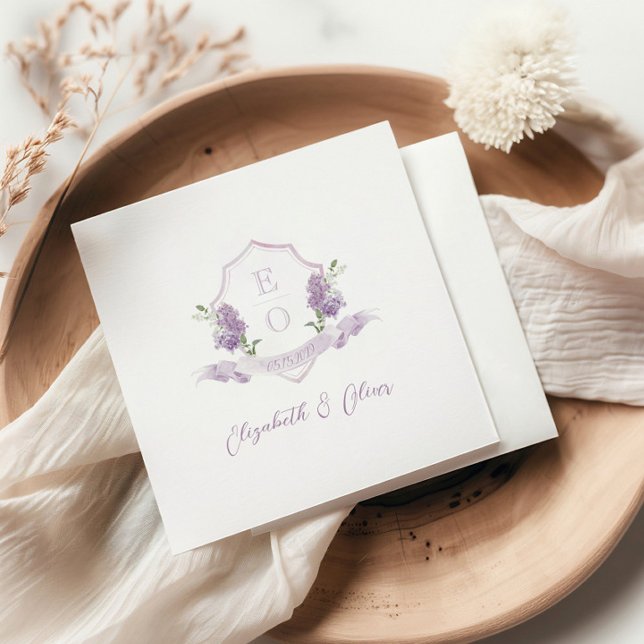 Lilac Floral Monogram Crest Wedding Napkins (Creator Uploaded)