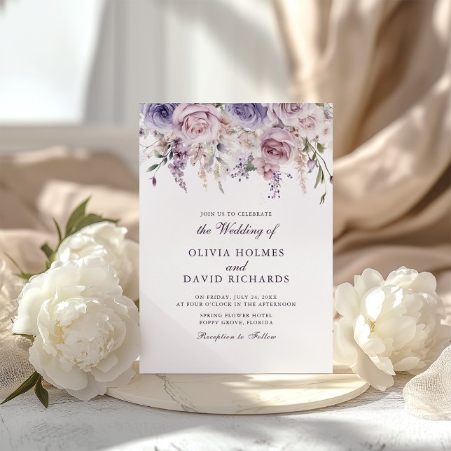 Lilac Floral Monogram Wedding Invitation (Boho Chic Mauve Lilac Floral Wedding Invitation on a boho table with white peonies)