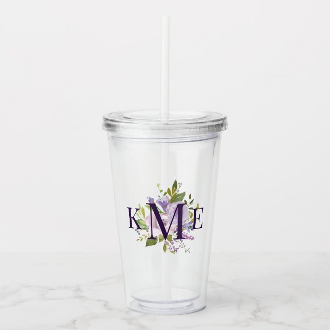 Lilac Floral Monogrammed Acrylic Tumbler (Front)