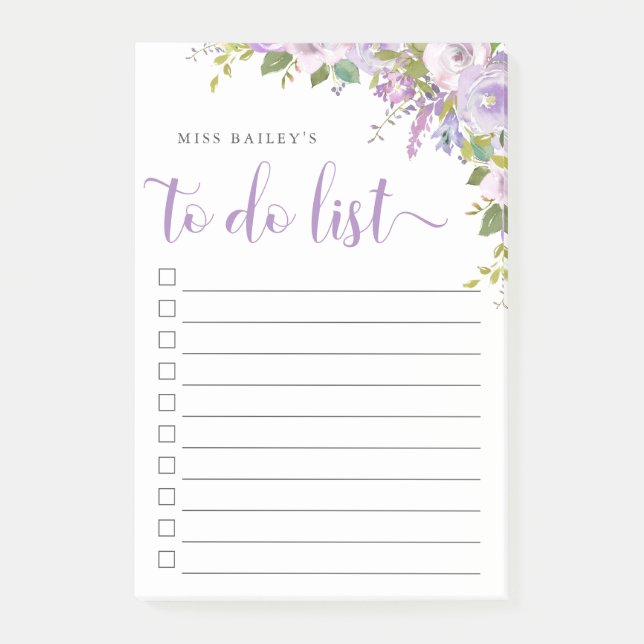 Lilac Floral Monogrammed Lined To-Do List Post-it Notes (Front)