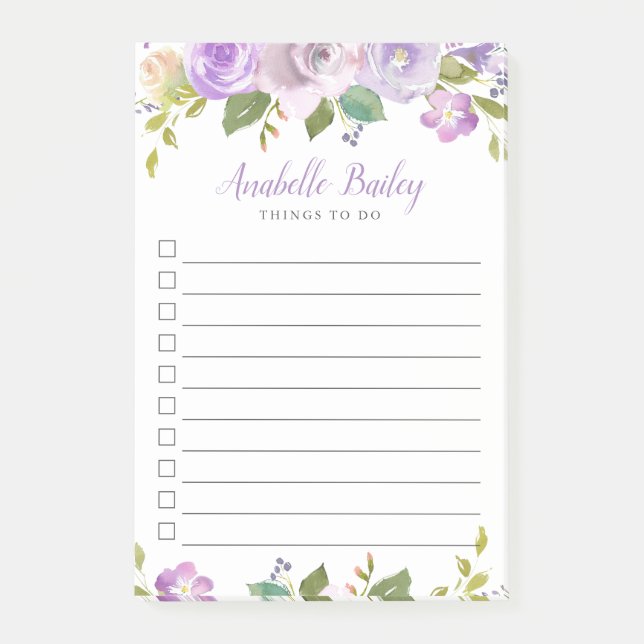 Lilac Floral Monogrammed Lined To-Do List Post-it Notes (Front)