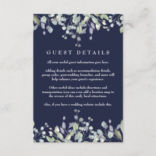 Lilac Floral Navy Blue Guest Information Details Enclosure Card