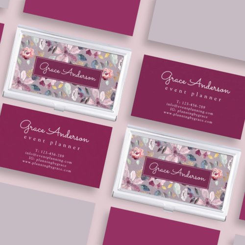 Lilac Floral Pattern Gold Foil  Business Card Case
