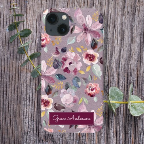 Lilac Floral Pattern Gold Foil Monogram iPhone 13 Case