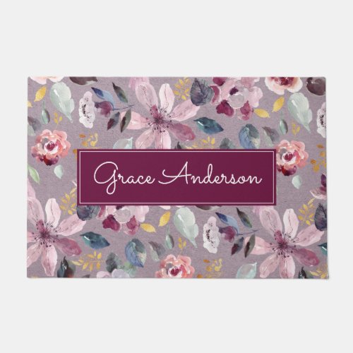 Lilac Floral Pattern Gold Foil Monogram Doormat