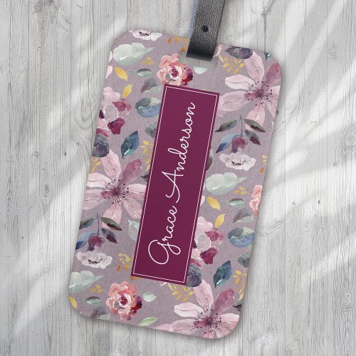Lilac Floral Pattern Gold Foil Monogram  Luggage Tag