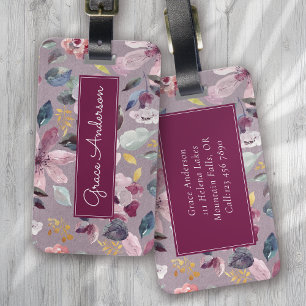 Lilac Floral Pattern Gold Foil Monogram  Luggage Tag