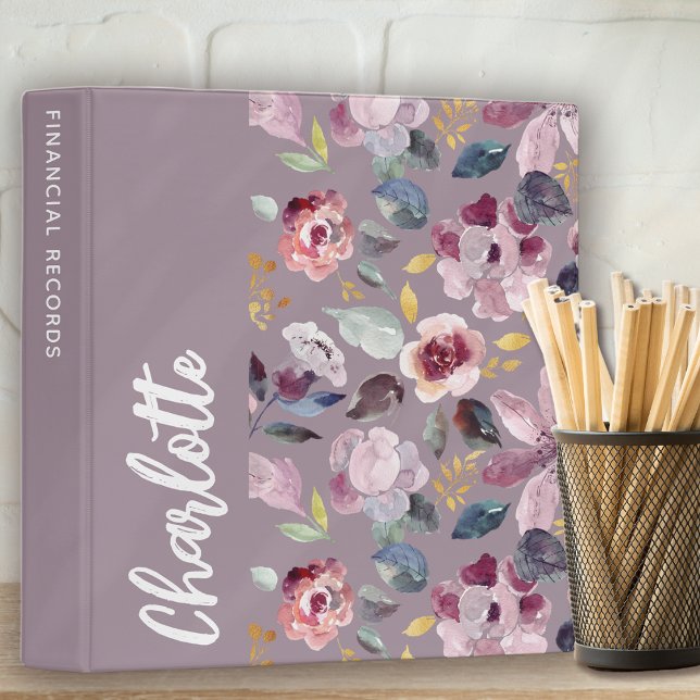 Lilac Floral Pattern Monogram  3 Ring Binder (Creator Uploaded)