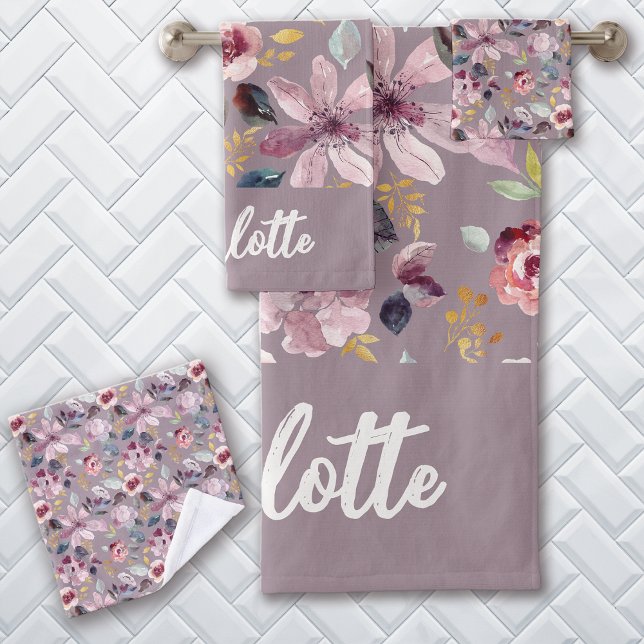 Lilac Floral Pattern Monogram  Bath Towel Set (Creator Uploaded)