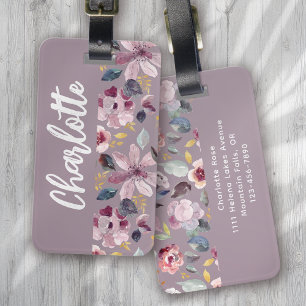 Lilac Floral Pattern Monogram Luggage Tag