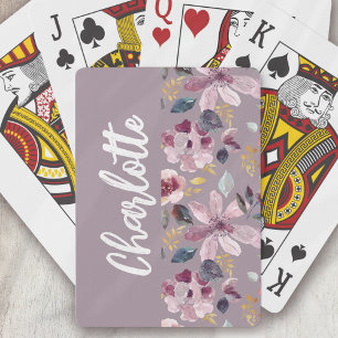 Lilac Floral Pattern Monogram Poker Cards