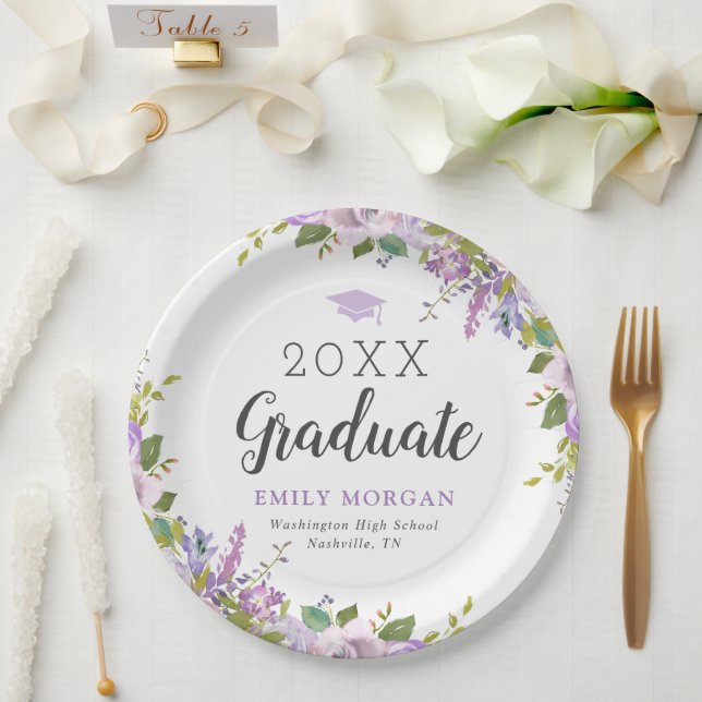 Lilac Floral Personalized Graduation Party Paper Plates (Wedding)