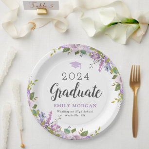 Lilac Floral Personalized Graduation Party Paper Plates
