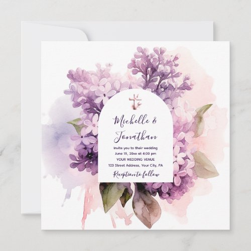 Lilac Floral Photo Bible Verse Christian Wedding Invitation