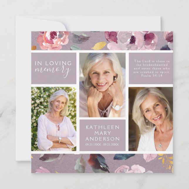 Lilac Floral Photo Collage Funeral Sympathy Thank You Card (Front)