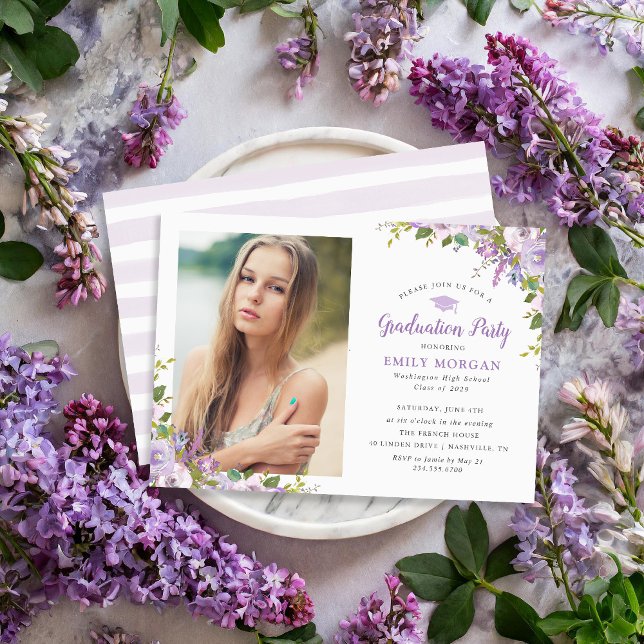 Lilac Floral Photo Graduation Party Invitation (Creator Uploaded)