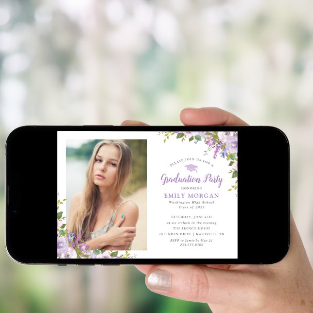 Lilac Floral Photo Graduation Party Invitation (Front Digital)