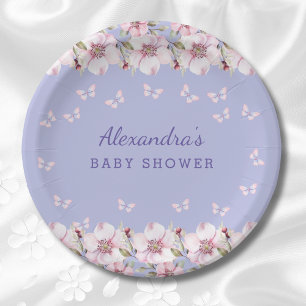 Lilac Floral Pink Butterfly Baby Shower Paper Plates