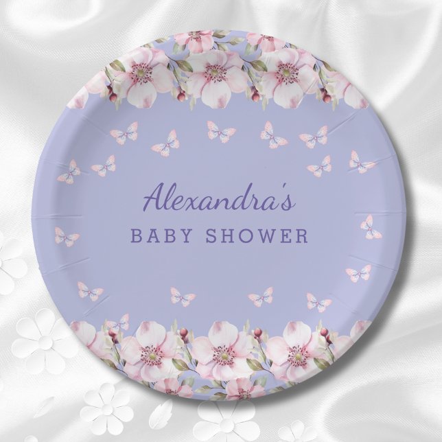 Lilac Floral Pink Butterfly Baby Shower Paper Plates (Creator Uploaded)