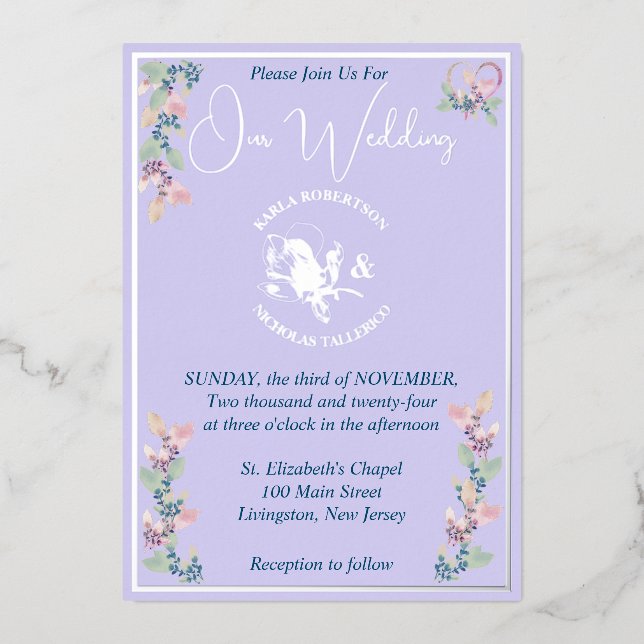 Lilac Floral Pink & Sage Wedding Foil Invitation (Front)