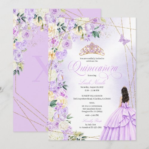 Lilac Floral Quinceañera and Gold Glitter Sweet 15 Invitation