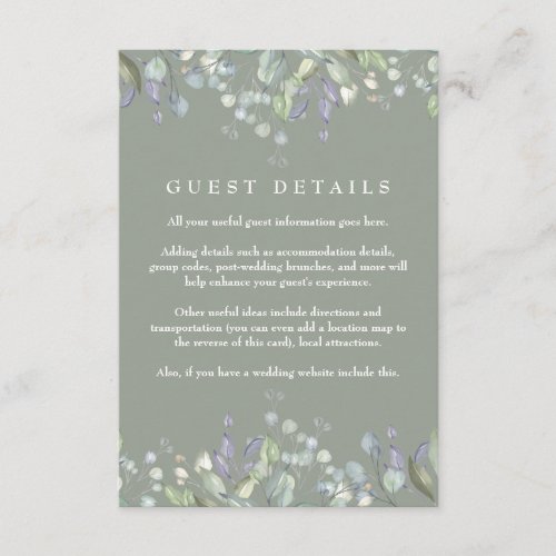 Lilac Floral Sage Green Guest Information Details Enclosure Card