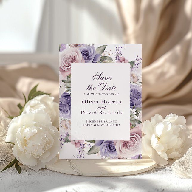 Lilac Floral Save the Date Wedding Card (Boho Chic Mauve and Lilac Roses Save the Date Card on a boho table with white peonies)