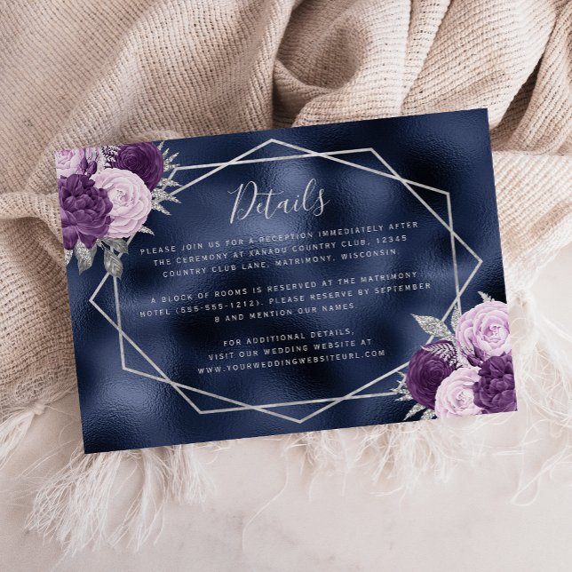 Lilac Floral Silver Navy Blue Foil Wedding Details Enclosure Card (Creator Uploaded)