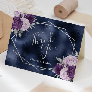 Lilac Floral Silver Navy Blue Foil Wedding Letterpress Thank You Card
