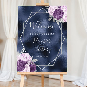 Lilac Floral Silver Navy Blue Wedding Welcome Foam Board