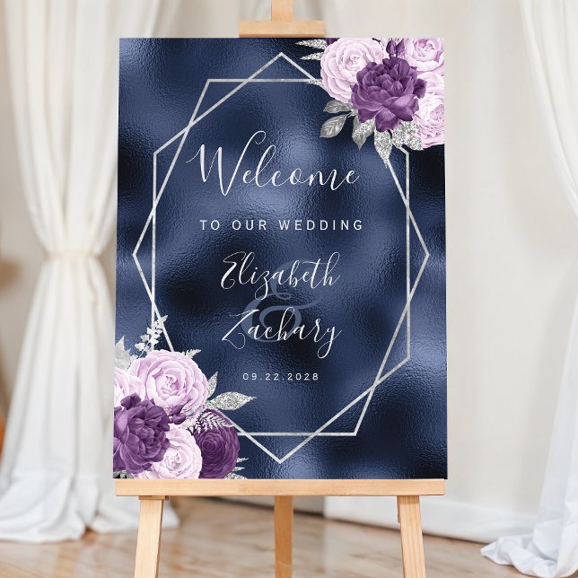 Lilac Floral Silver Navy Blue Wedding Welcome Foam Board (Creator Uploaded)