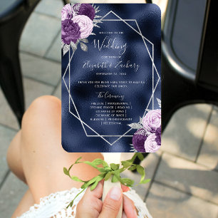 Lilac Floral Silver Navy Foil Wedding Program Hand Fan