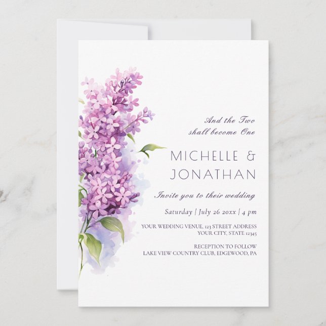 Lilac Floral Watercolor Christian Bible Wedding Invitation (Front)
