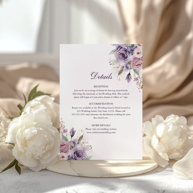 Lilac Floral Wedding Details Card (Boho Mave and Lilac Floral Wedding Details Card on a boho table with white peonies)