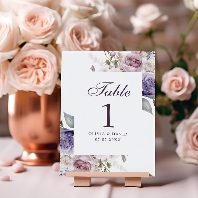 Lilac Floral Wedding Table Number Card (Boho Mauve and Lilac Floral Wedding Table Number on a wedding table with peonies.)