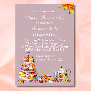 Lilac Floral Whimsical Tea Baby Shower Invitation