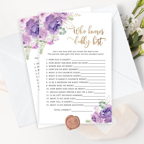 Lilac floral Who knows daddy best baby shower game