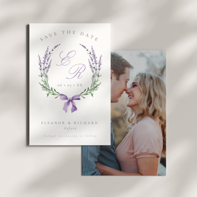 Lilac Floral Wreath & Bow Monogram Wedding Photo Save The Date (Creator Uploaded)