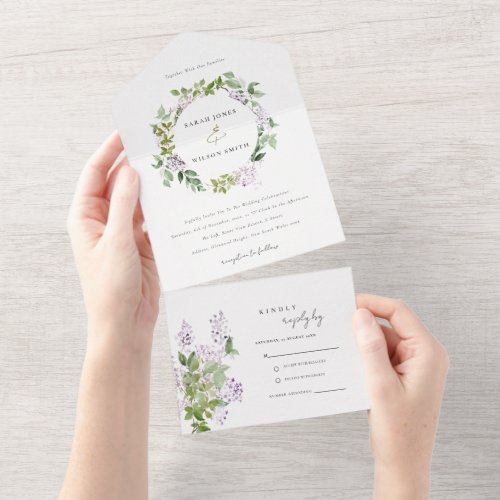 Lilac Floral Wreath Cottage Garden Wedding All In One Invitation
